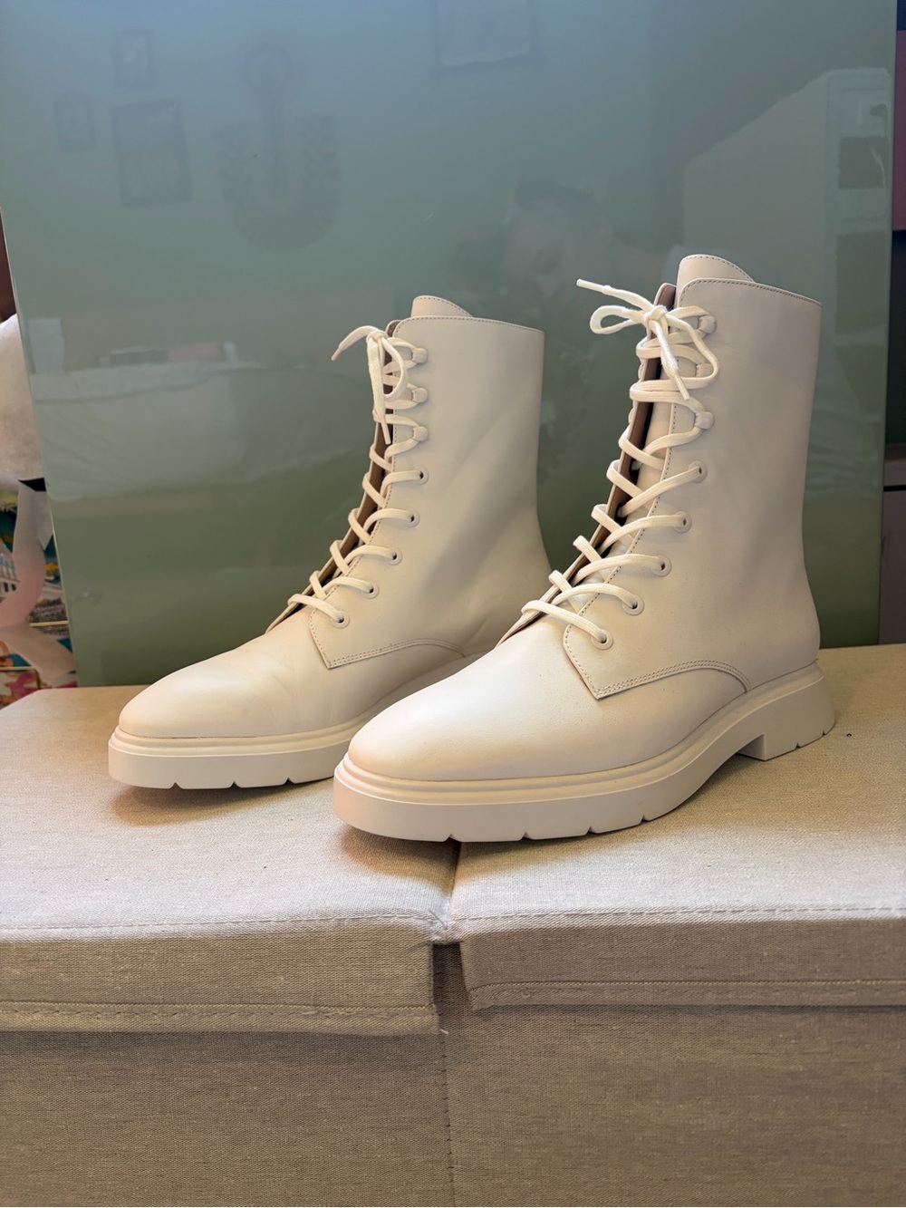 Stuart Weitzman Ivory Lace-Up Combat Boots